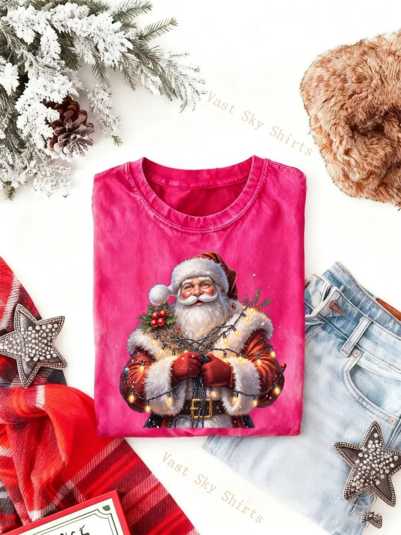 & Women's Vintage Y2K Retro Christmas T-Shirt with Santa Claus Print - Washed Round Neck Short Sleeve Casual Holiday Party Wear, Church Events & Family Gatherings Suitable for All-Season Wear, Machine Washable Santa Pattern T-Shirts