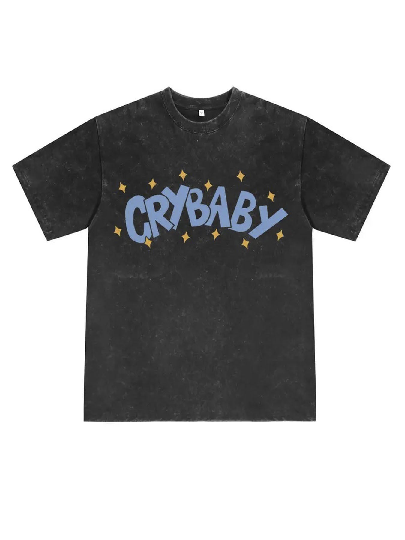 1pc CRYBABY Vintage Cotton T-Shirt 230GSM Washed - Black with Blue Crybaby Text & Yellow Stars Print, Casual Round Neck Tee, Machine Washable Adult Casual Wear, Perfect Gift
