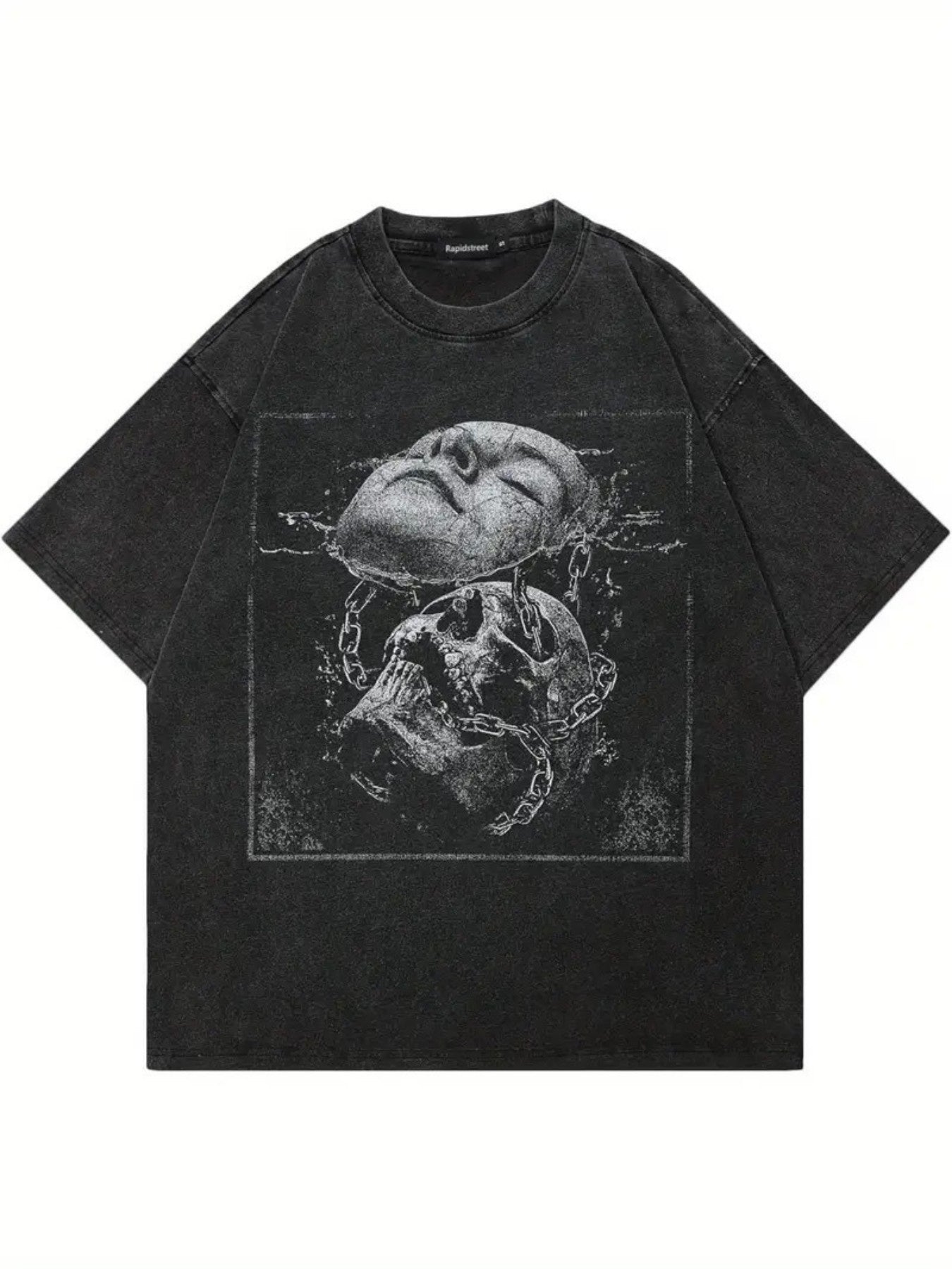 230g Heavyweight Men'S Vintage Washed T-Shirt - Oversized Retro Streetwear Tee with Skull & Face Graphic Print, & Contrast, Loose Fit Casual Shirt for Hip Hop, Campus & Casual Attire, Machine Washable All-Season (Local Warehouse)