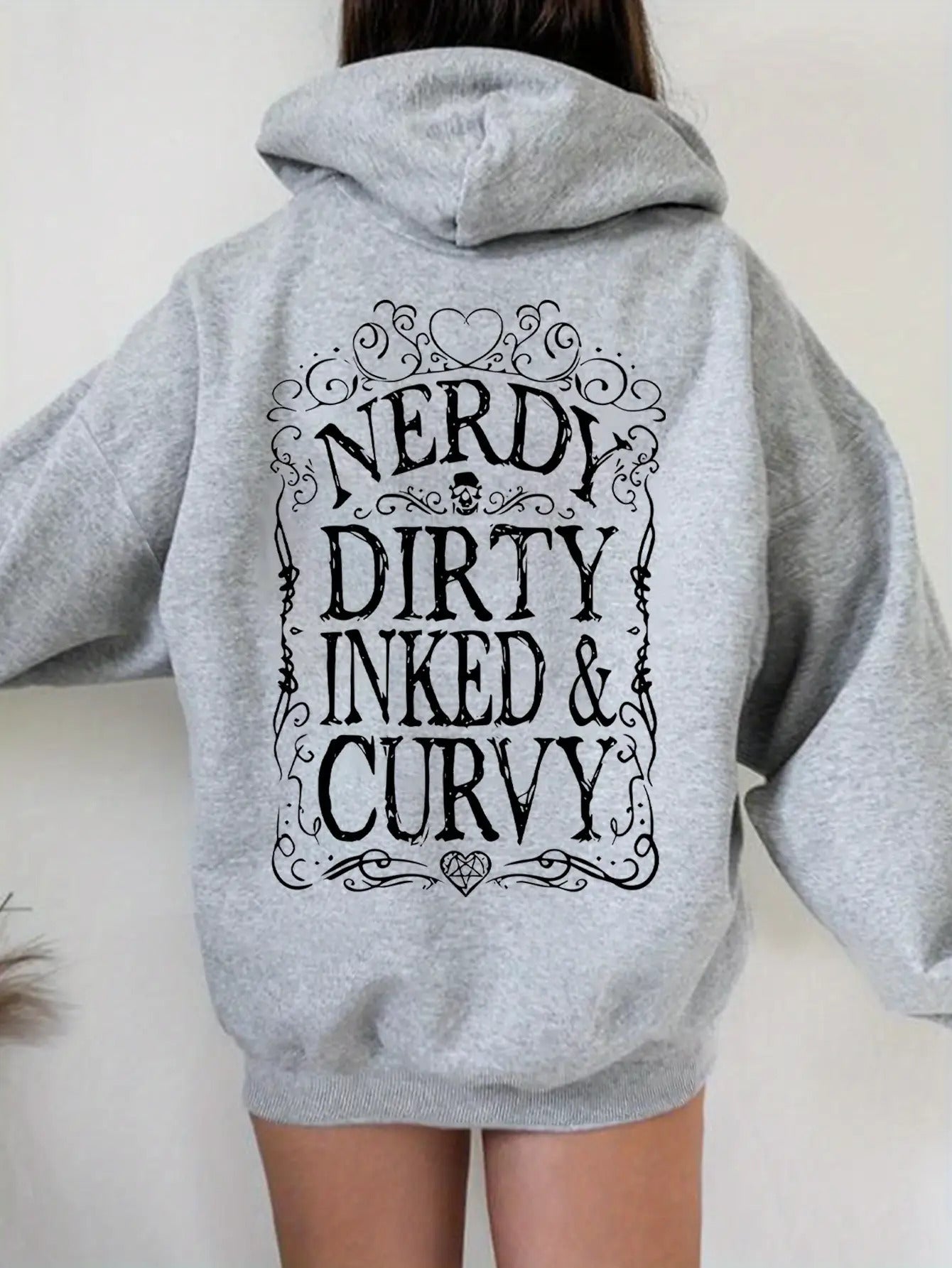 Women's Funny Saying Hooded Sweater - "NERDY DIRTY INKED & CURVY" Gothic Letter Print Pullover - Black & White Casual Winter Sweater for Women - Friendly Everyday Outfits - Machine Washable Statement Sweater with Long Sleeves, Regular Fit, and Hooded Desi