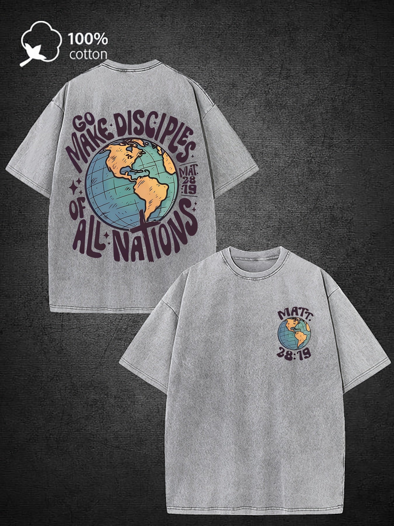Men's 220g Heavy Washed Cotton Christian Mission T-Shirt - Vintage "Make All Nations My Disciples" Religious Tee, Loose Fit Round Neck Short Sleeve Church Apparel for Missionary & Casual Wear
