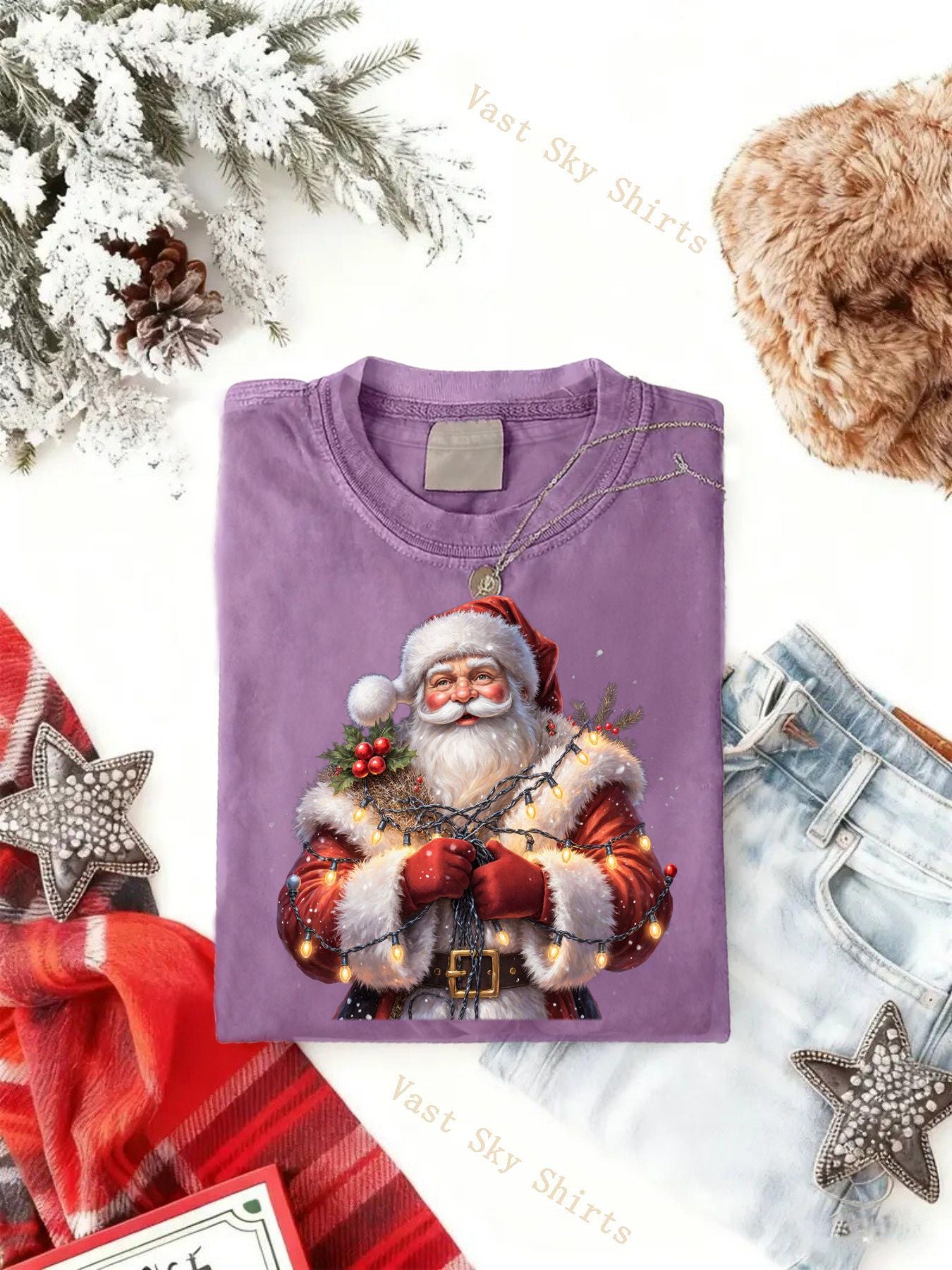 & Women's Vintage Y2K Retro Christmas T-Shirt with Santa Claus Print - Washed Round Neck Short Sleeve Casual Holiday Party Wear, Church Events & Family Gatherings Suitable for All-Season Wear, Machine Washable Santa Pattern T-Shirts