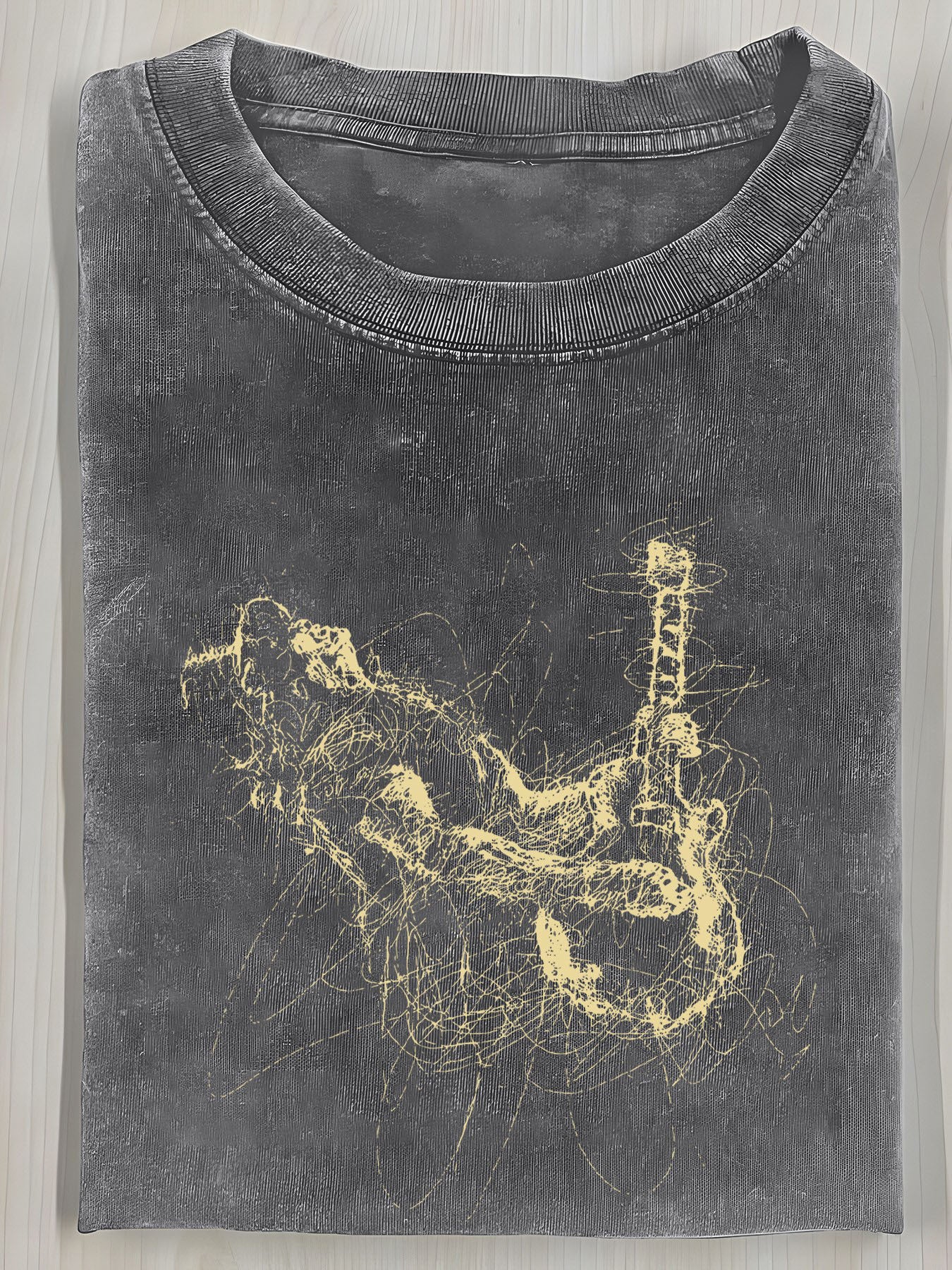 1pc Men's Vintage Punk T-Shirt with Golden Music Wax Print (Guitarist/Lookback Designs) - Black Cotton Tee, Loose Fit Casual Shirt for Concerts, Machine Washable Year-Round Wear