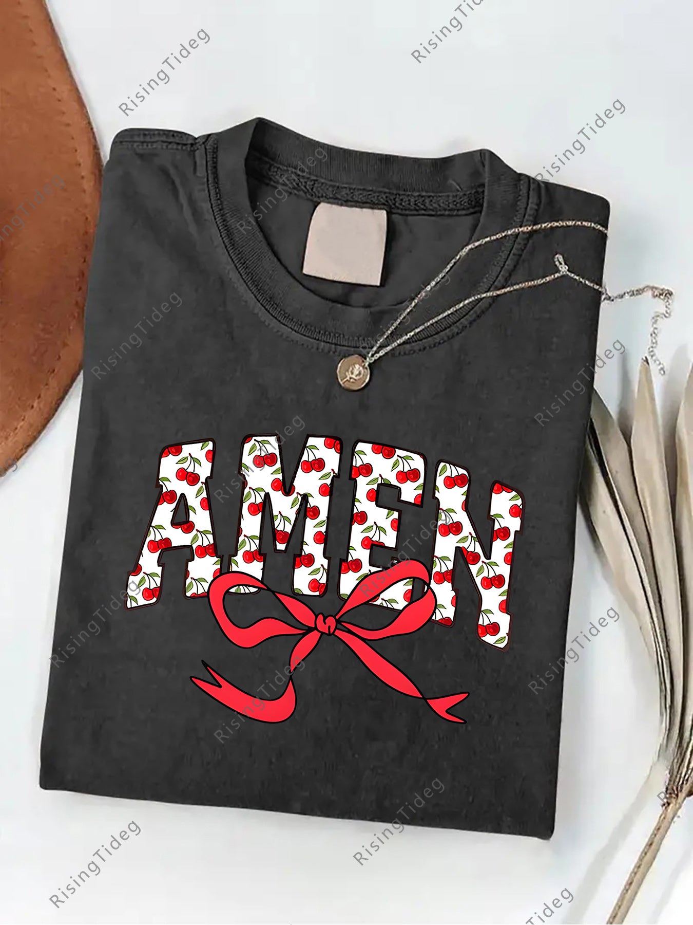 Men's 230g Vintage Washed Cotton T-Shirt with Fruit Bow Print - Loose Fit Streetwear Style Round Neck Short Sleeve Top, Casual All-Season Shirt, Machine Washable Comfortable Casual Attire