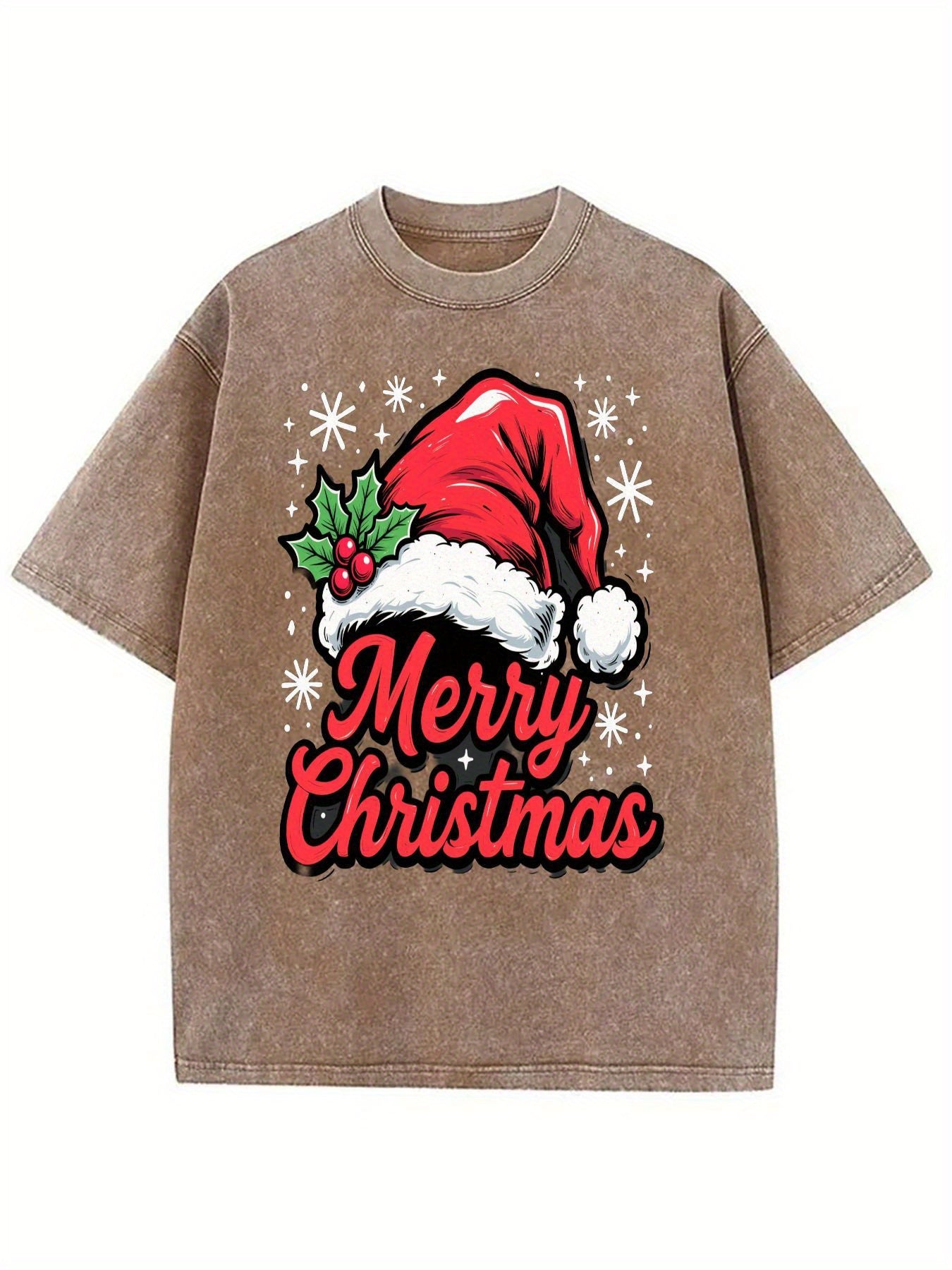 Men's & Women's Vintage Washed Christmas T-Shirt - Dark Green with Red "Merry Christmas" & Santa Hat Print, Loose Fit Cotton Blend Short Sleeve Holiday Party Outfit Suitable for Adults,, Family Matching - Machine Washable Year-Round Wear