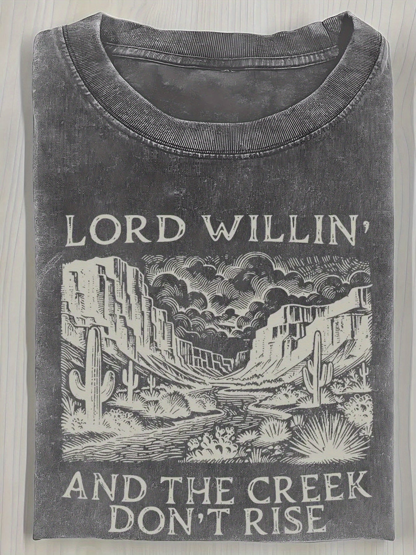 Heavyweight 230GSM Washed Batik Cotton T-Shirt - Y2K Desert Landscape Print Round Neck Tee, Thick All-Season Casual Top for Outdoor & Casual Attire, Desert Scenery Gift