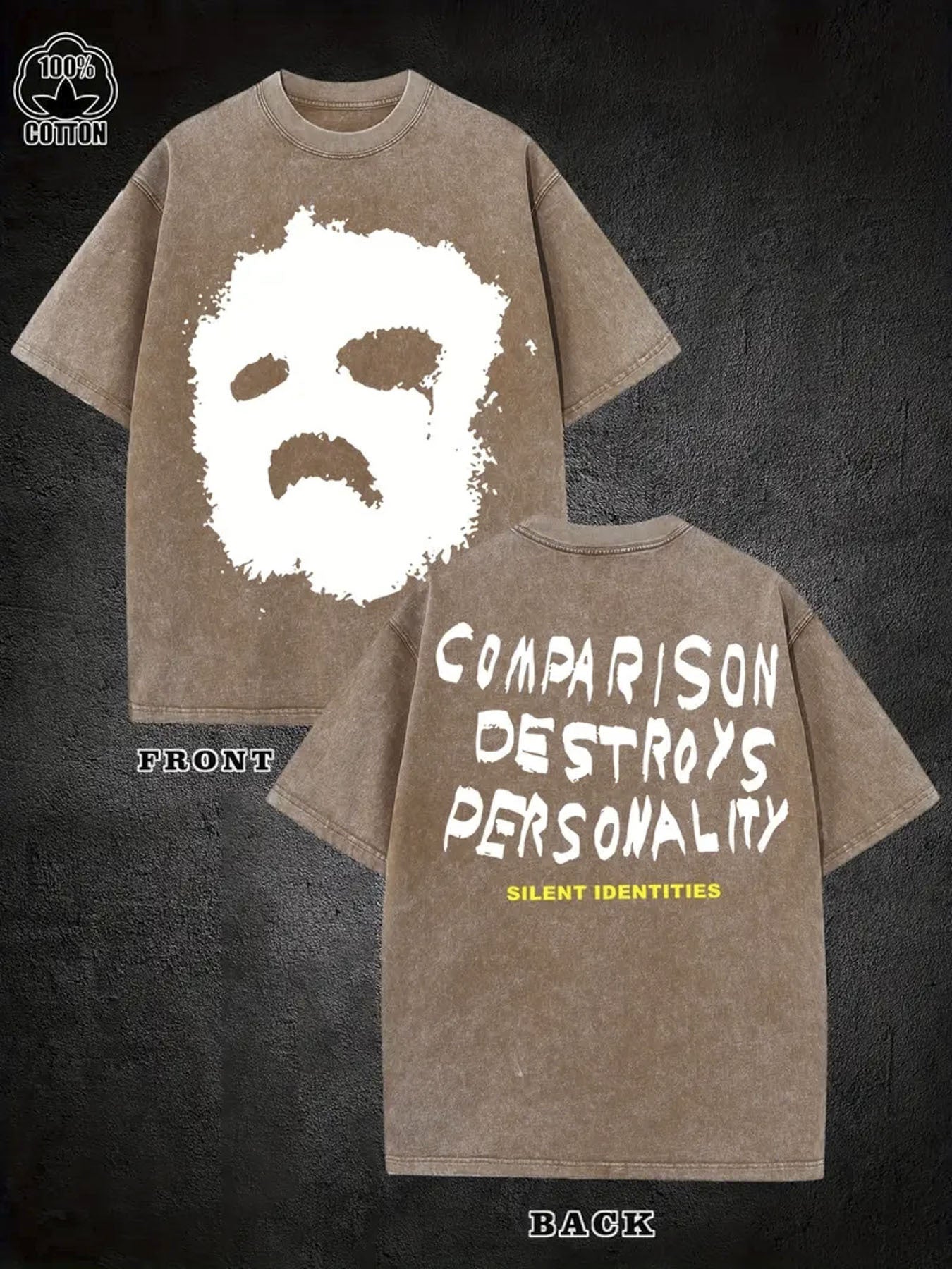 1pc Men'S 230g Heavyweight Vintage Washed Streetwear T-Shirt with Bold "Compare Destroy " Graphic Print, Double-Sided Retro Design, Regular Fit Crew Neck, All-Season Casual Wear, Machine Washable, Edgy Statement Tee for Everyday & Holiday Gifts (/)