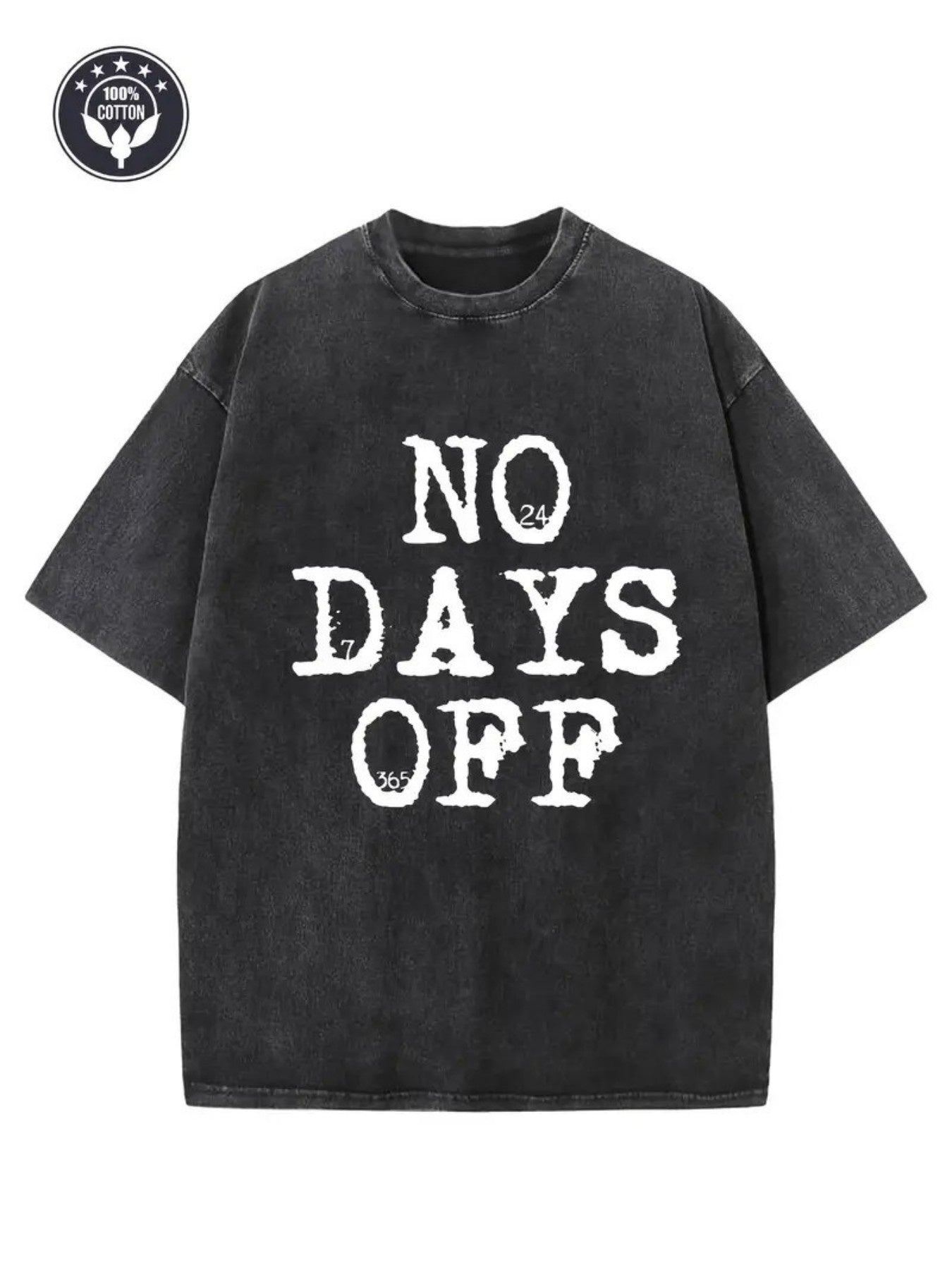 Men's Vintage Washed Cotton T-Shirt/Streetwear Shirt with "NO DAYS OFF" Motivational Print - Loose Fit Casual Style, Black & White, Round Neck, Machine Washable for all-Season - Casual Attire Suitable for All Men's Fashion