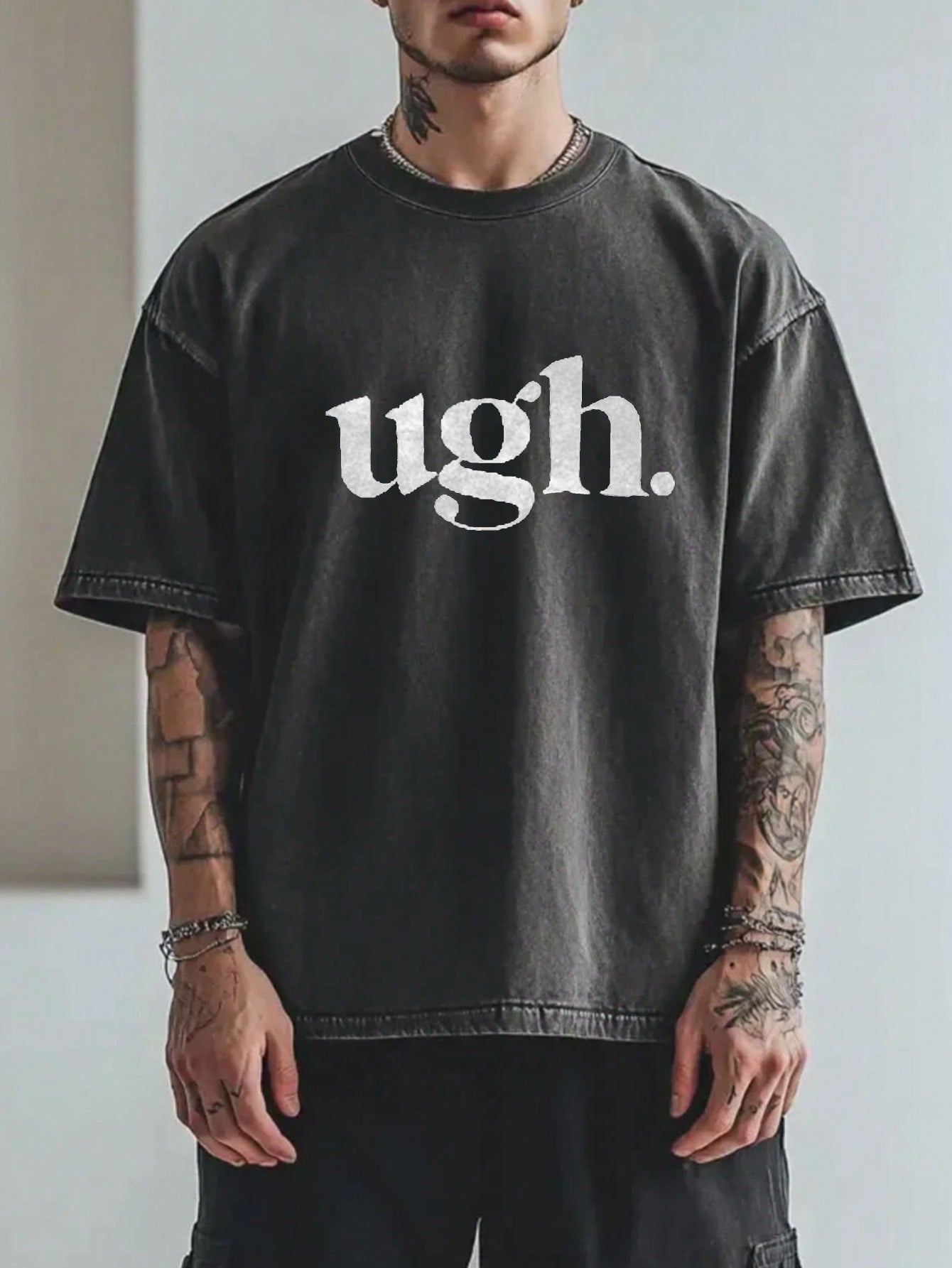 Oversized Black Cotton T-Shirt with 'ugh.' Print - Casual Loose Fit Round Neck Tee, Machine Washable Year-Round Comfortable Daily Wear for all-Season Casual Outfits