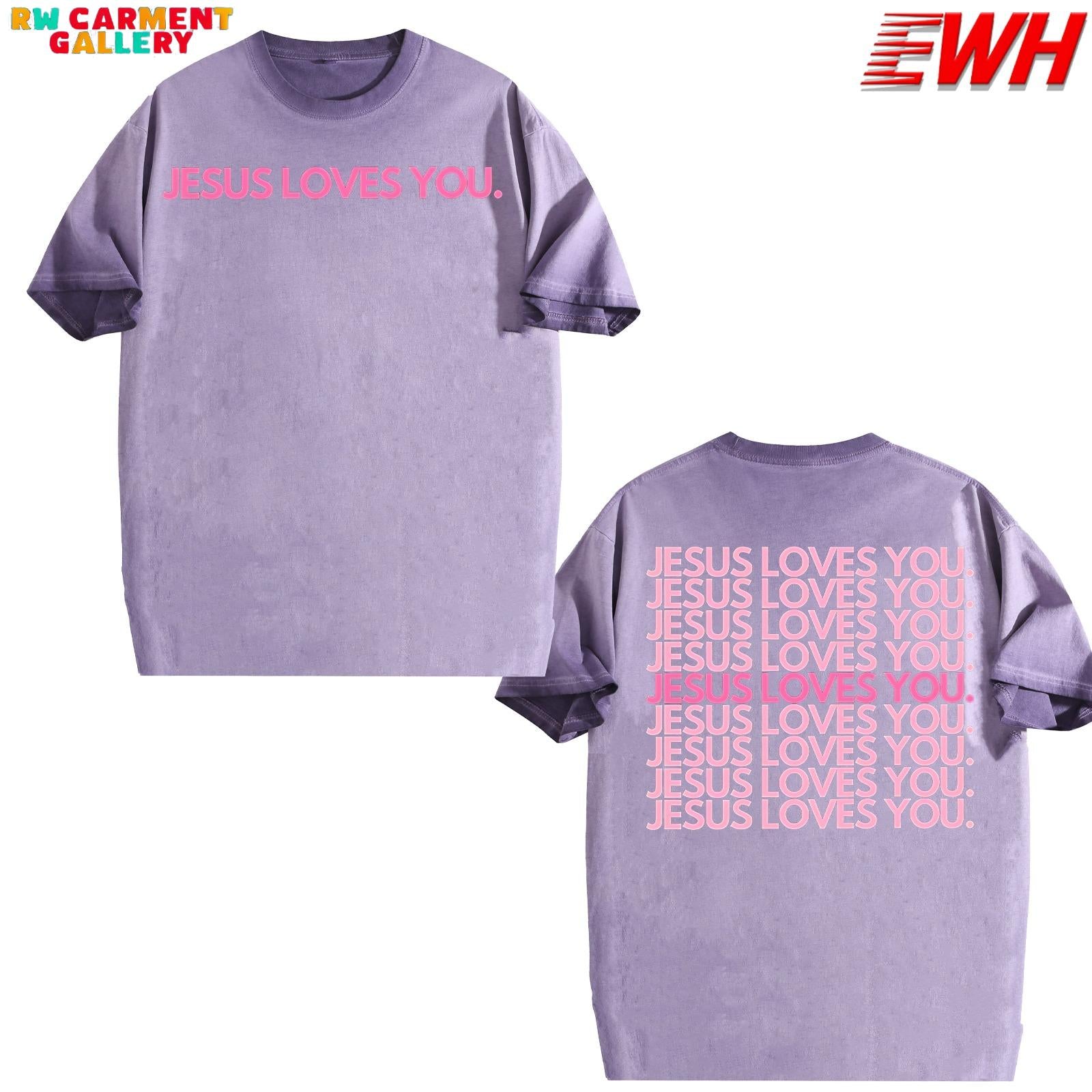 Neutral 280GSM Dirty Washed T-shirt - "Jesus Loves You" Religious Pattern, Double sided Print, Round Neck Church/Casual, Machine Washable Gift Christmas, Christmas gifts