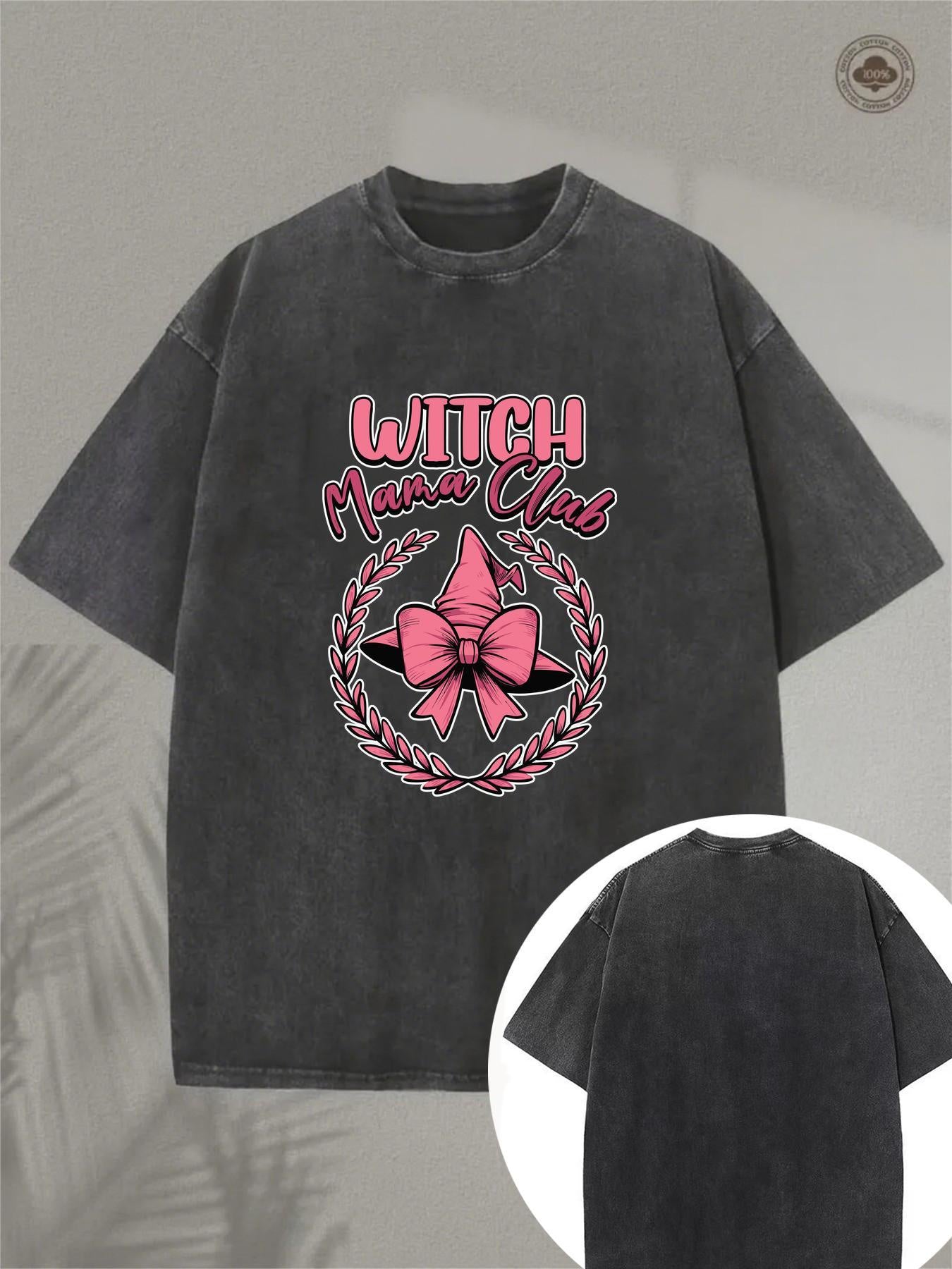 Men's Vintage Washed Cotton T-Shirt - Soft Breathable Fabric with Spooky Witch & Bat Print, Casual Short Sleeve Crew Neck Top for Year-Round Wear, Ideal for Outdoor Activities, Golf, Fishing & Daily Use - All-Season Comfortable Casual