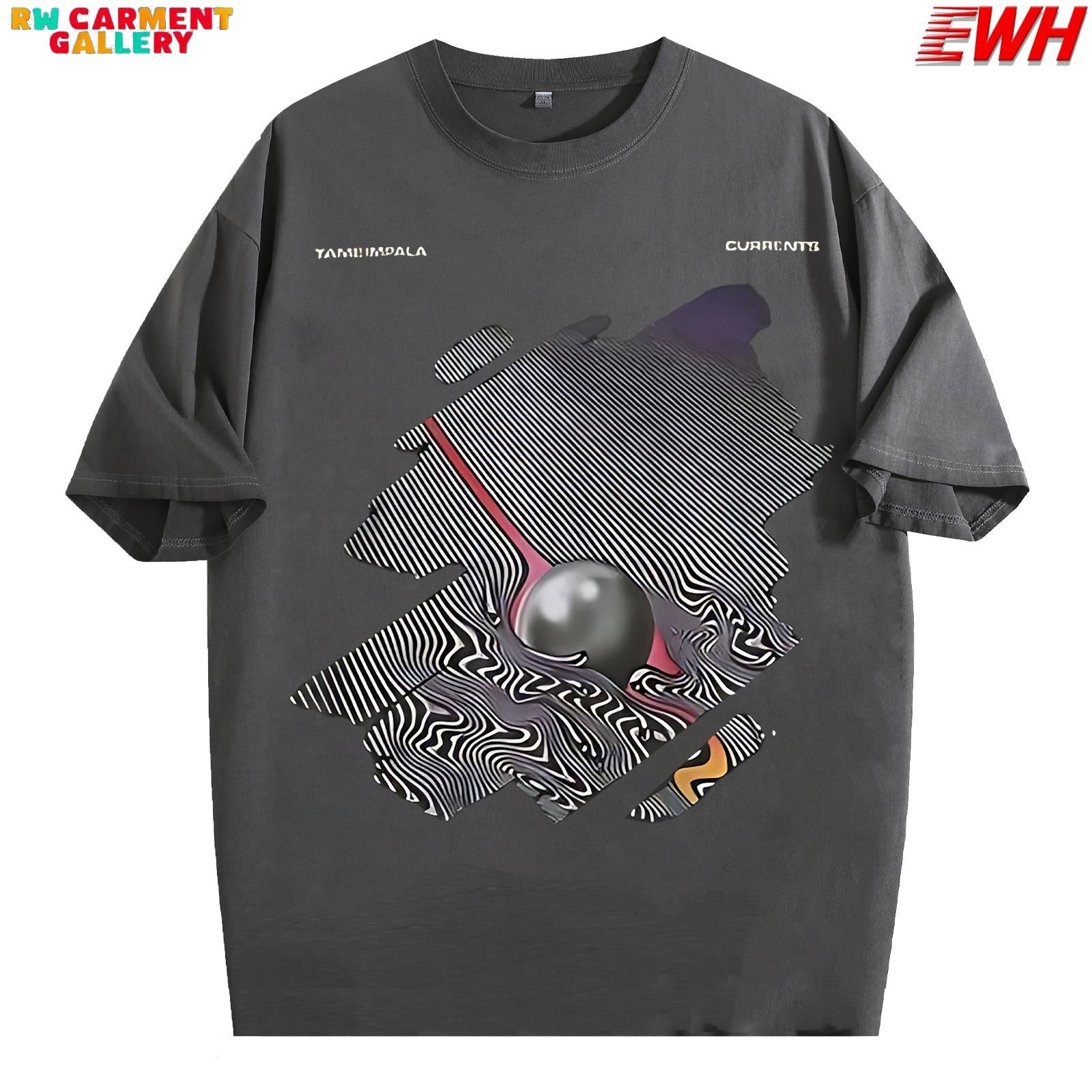 Dirty washed T-shirt for men's casual fashion, featuring "TAME IMPALA CURRENTS" and abstract pattern print, outdoor sports T-shirt | loose fit | soft knit T-shirt Christmas, Christmas gifts