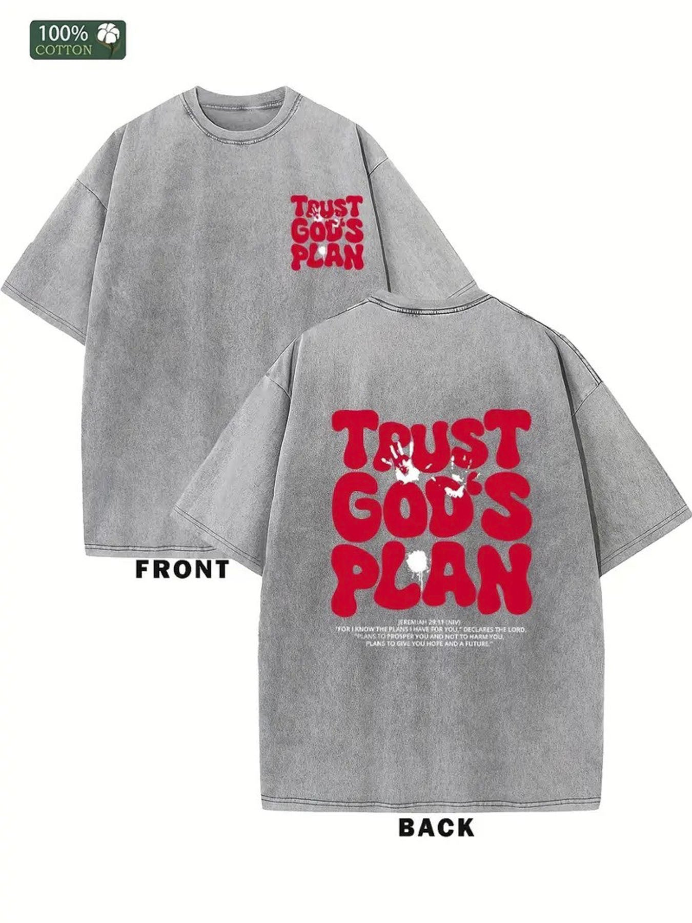 1pc Men'S Vintage Washed T-Shirt with "Trust God'S Plan" & Bible Verse Design - Double-Sided Christian Faith Print, Casual Streetwear Crew Neck Tee, All-Season Comfort, Inspirational Gift for Men (Psalm 23:4 Inspired)