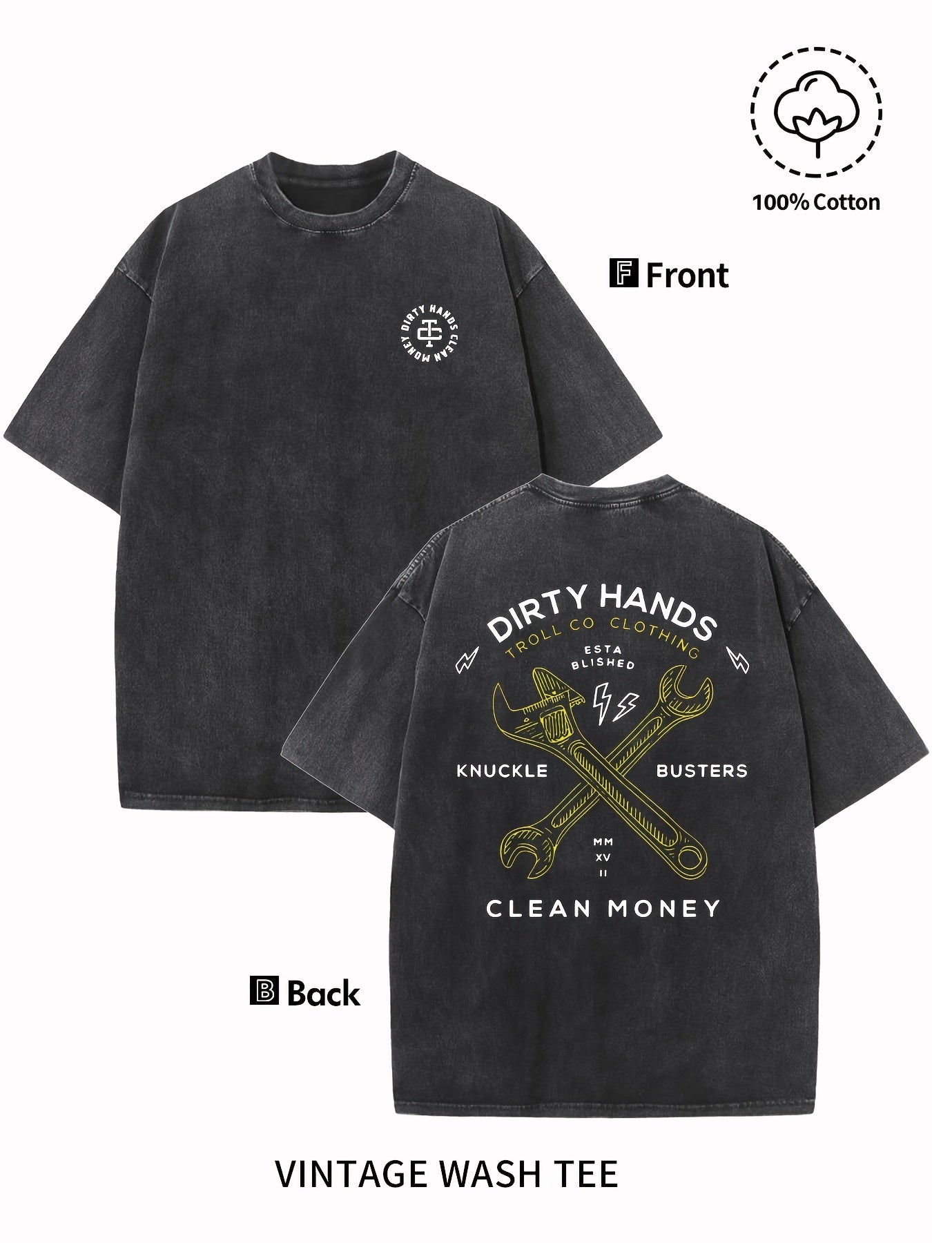 Men's Vintage Washed Cotton T-Shirt - "Dirty Hands Clean Money" Graphic Print, 230g Crew Neck Short Sleeve, Casual Street Style, Machine Washable Spring/Summer Comfort Top