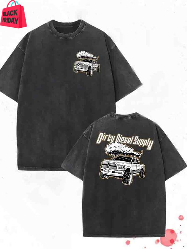 Men's 230G Heavyweight Double-Sided Washed T-Shirt - "Dirty" Vintage Truck Graphic, Round Neck Regular Fit Short Sleeve, All-Season Casual Hiking & Holiday Gifts