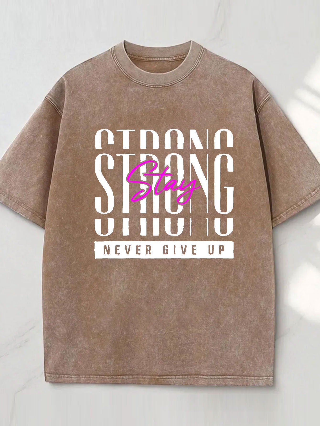 Motivational "Never Give Up" Washed Cotton T-Shirt - Loose Fit Casual Round Neck Tee with Strong Never Give Up Slogan Print, Black, Suitable for Gym, Casual Attire & Year-Round - Machine Washable Apparel