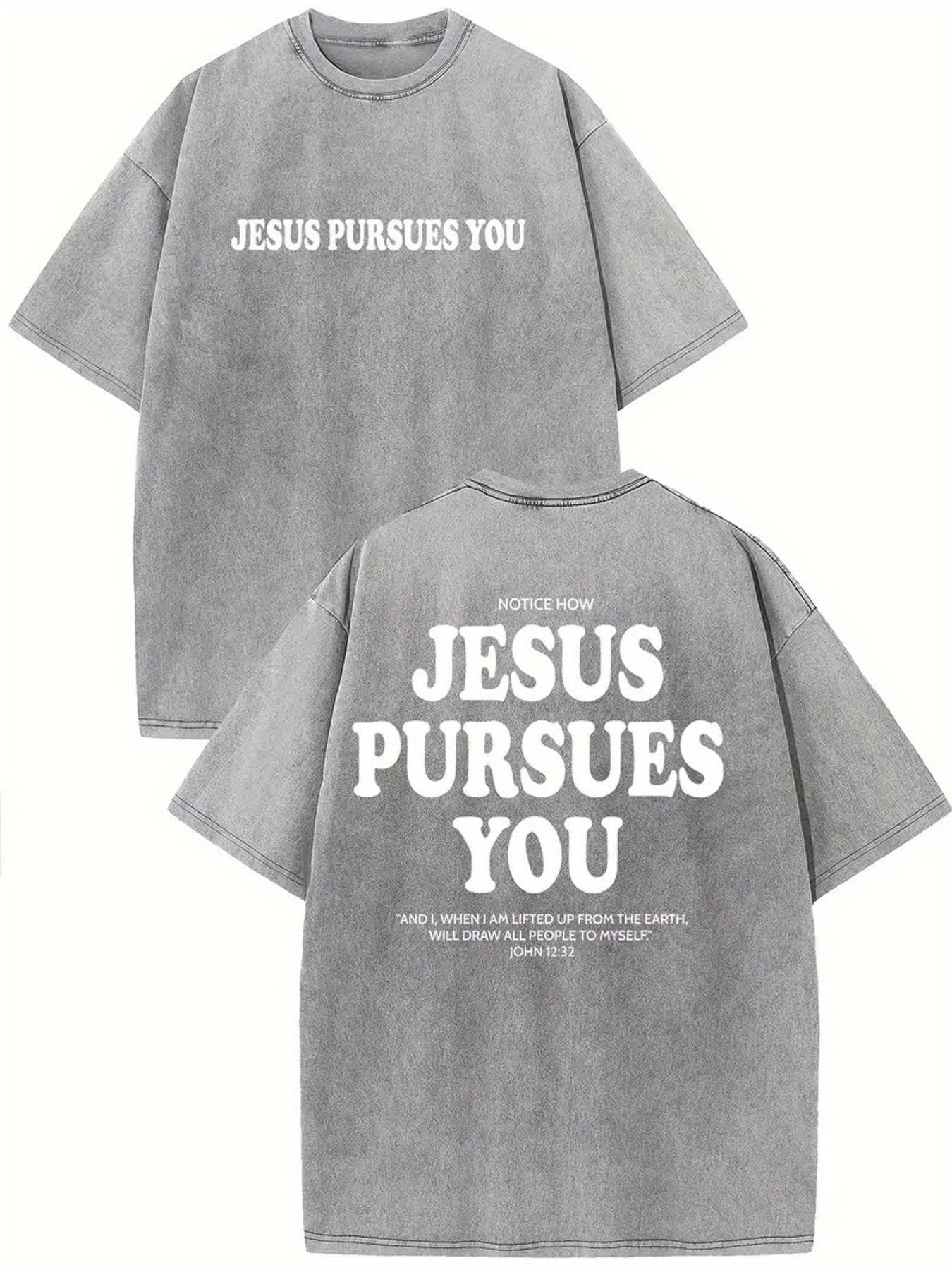1pc Men'S 230GSM Double-Sided Washed Pursues You & Romans 10:910 Print | Street Style Regular Fit Crew Neck, All-Season Casual Style, Machine Washable Holiday Gift, Loose Fit Shirt, Distressed Effect Top, Durable Knitted