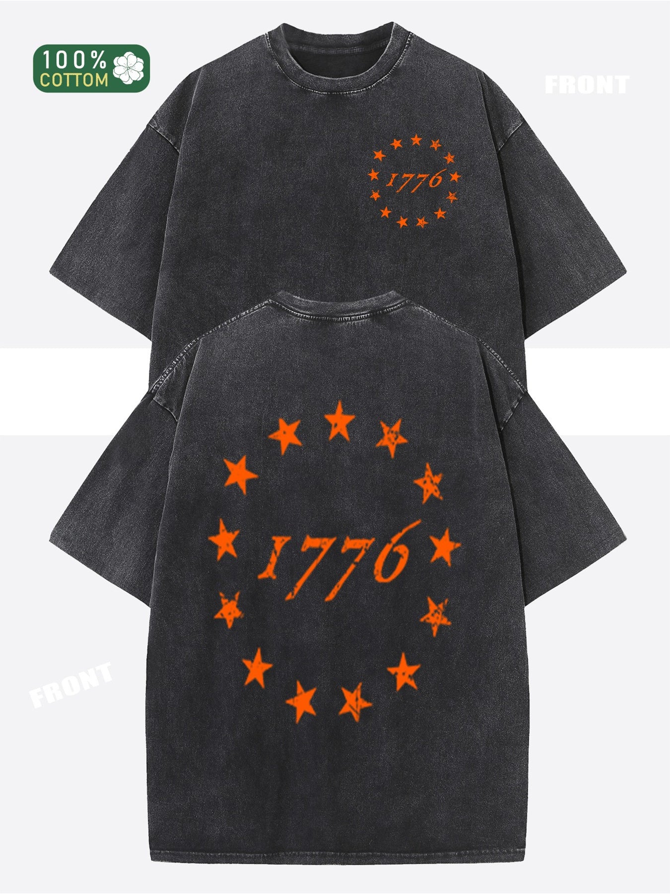 Men's 230g Heavyweight 100% Cotton T-Shirt with 1776 Star Print - Vintage Washed Breathable Short Sleeve Round Neck Tee, Casual Retro Style for all-Season, Machine Washable, Ideal Gift