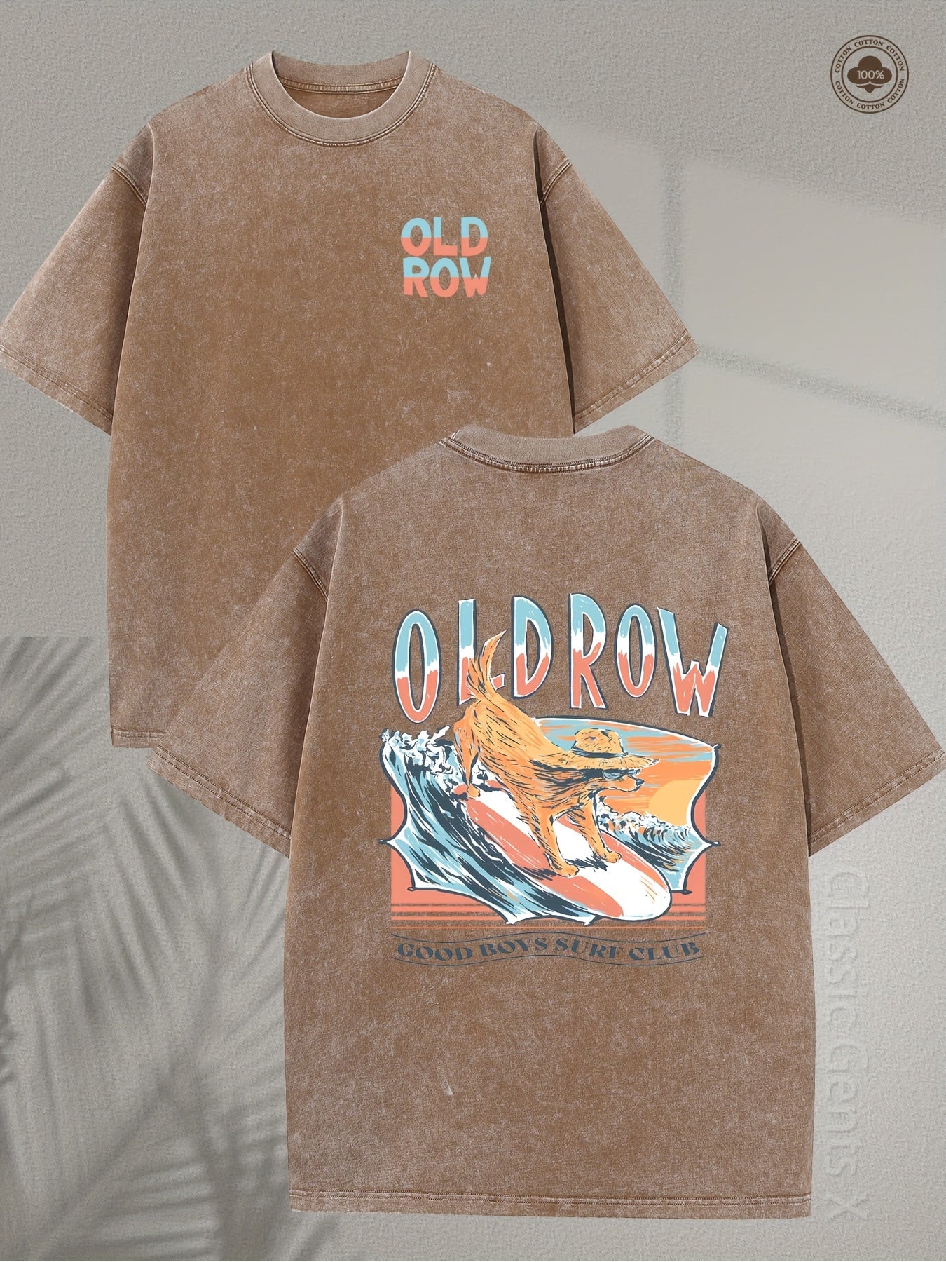 Men's & Unisex Heavyweight 250g Washed Cotton T-Shirt - Vintage Surf Club Shirt with Retro Surfboard & Wave Graphics in Blue Green/Orange, Old Row Good Society Logo, Loose Fit for Beach Party, Casual Wear, Surf Lifestyle (Machine Washable