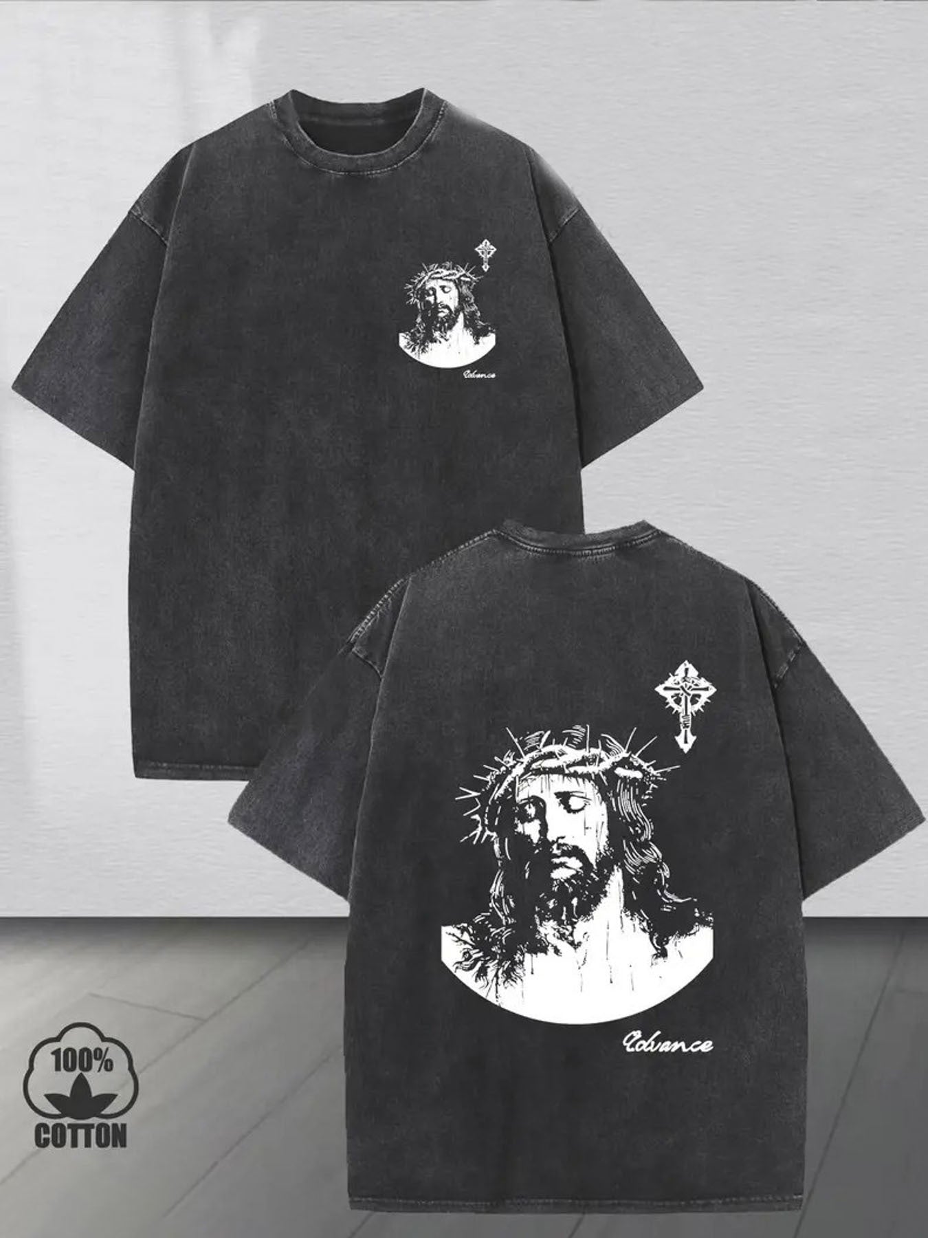 Men'S 230g Heavyweight Washed T-Shirt Christ Graphic Print - Vintage Christian Faith Design, Breathable Round Neck Short Sleeve, Machine Washable Casual & Outdoor All-Season Fit for Church Events & Casual Attire