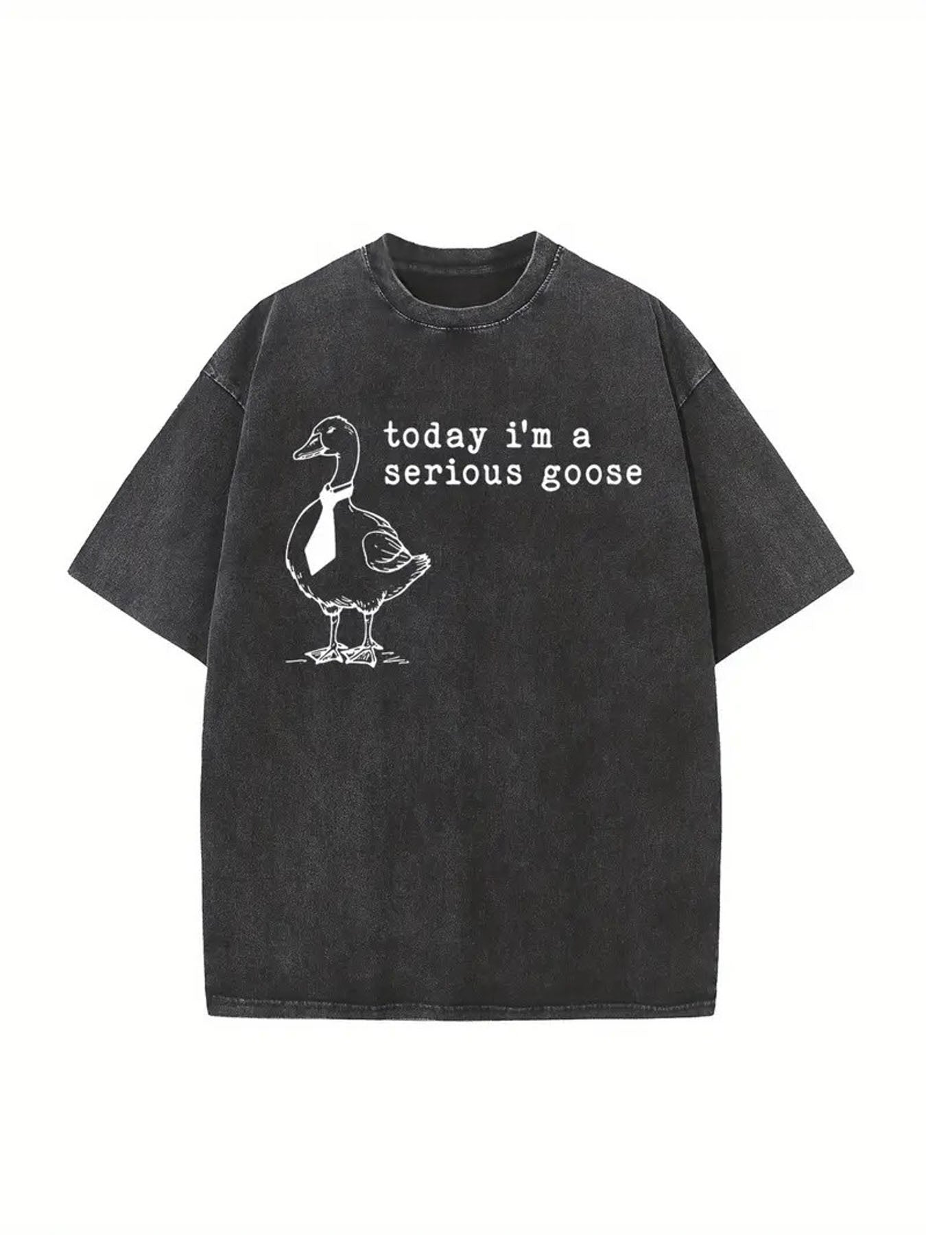 1pc Funny "Today I Am A Serious Goose" T-Shirt - 230g Washed Cotton Vintage Tee with Wax Print, Casual Crew Neck Shirt Suitable for Adults, Machine Washable Humorous Gift for Year-Round Wear
