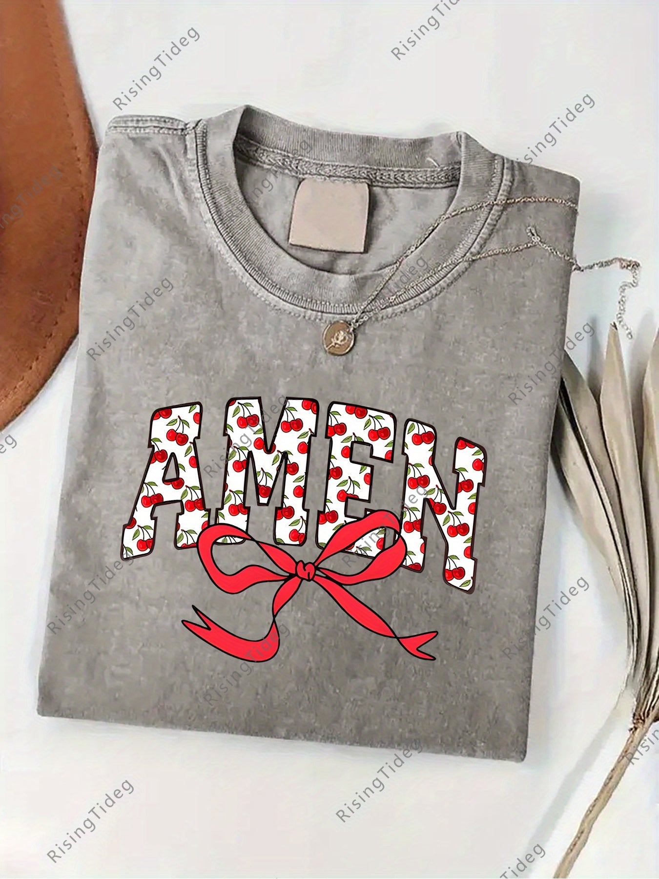 Men's 230g Vintage Washed Cotton T-Shirt with Fruit Bow Print - Loose Fit Streetwear Style Round Neck Short Sleeve Top, Casual All-Season Shirt, Machine Washable Comfortable Casual Attire