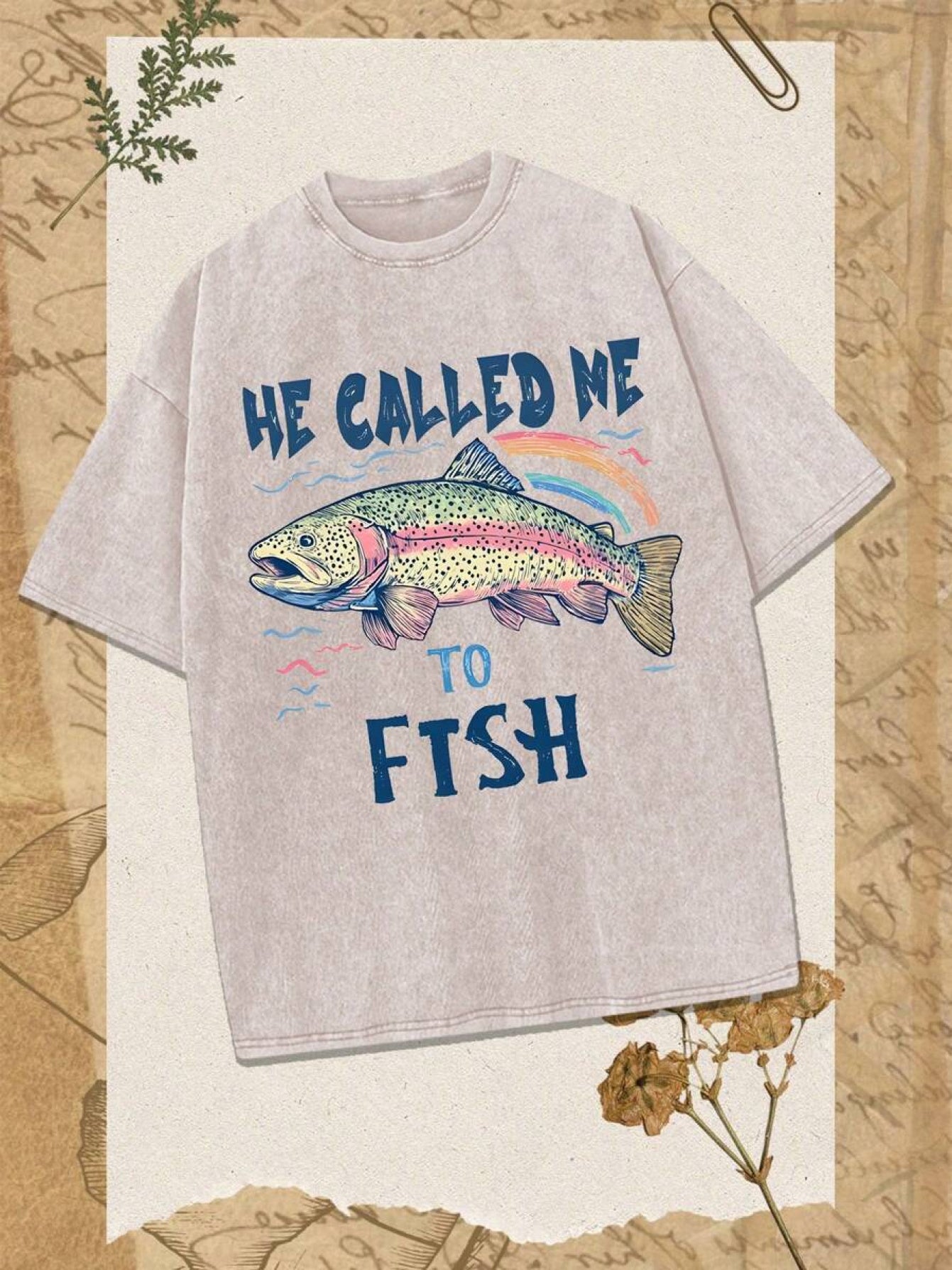 GLEC Vintage Fishing Graphic T-Shirt - Retro "Let's Go Fishing Together" Big Fish Print, 230g Washed Casual Streetwear Tee, Machine Washable for all-Season Outdoor & Casual Attire