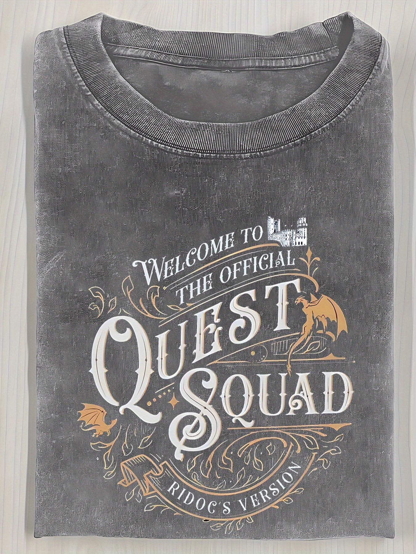 1pc, RidgeDog Vintage Style 'Quest Squad' Men's Graphic, 230g Washed Cotton, Casual Loose Fit, Short Sleeve, Crew Neck, Perfect Summer or Holiday Gift, Casual Wear| Loose Fit Shirt| Soft Textured