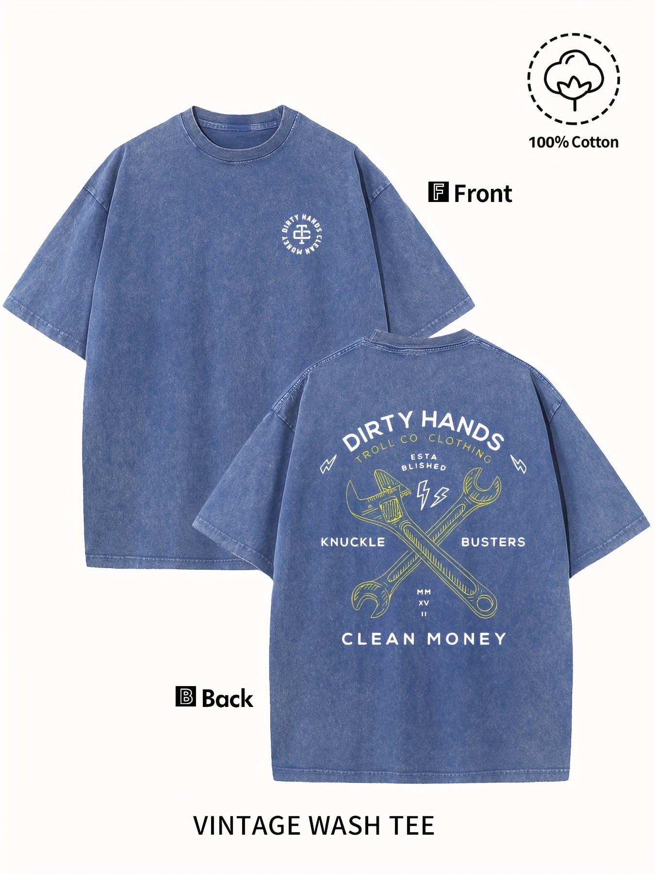 Men's Vintage Washed Cotton T-Shirt - "Dirty Hands Clean Money" Graphic Print, 230g Crew Neck Short Sleeve, Casual Street Style, Machine Washable Spring/Summer Comfort Top