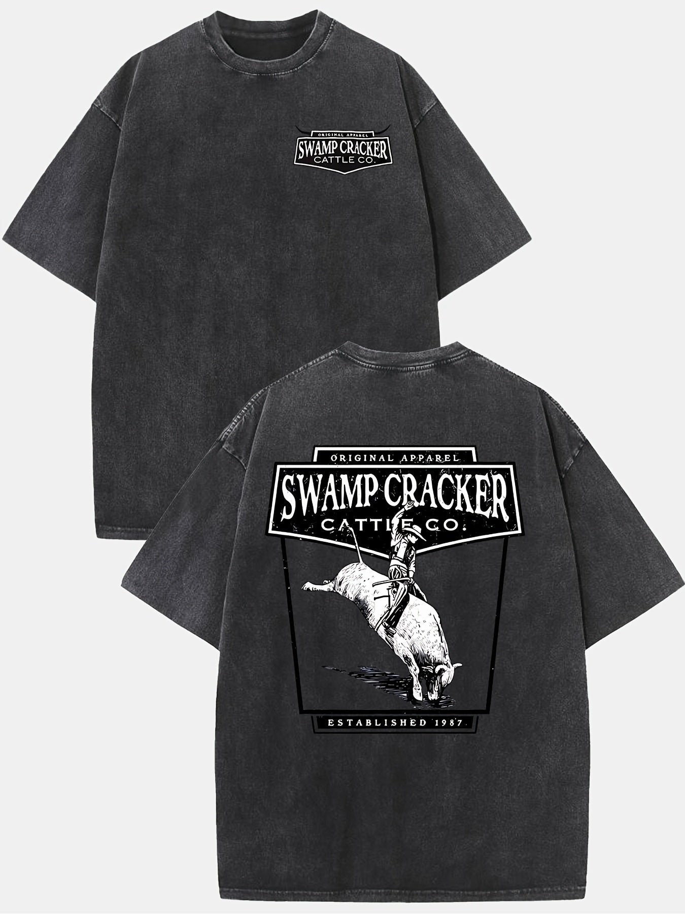 Swamp Cracker 230g Washed Men'S Vintage Summer T-Shirt | Retro Street Style Double-Sided Print Pattern, Drop Shoulder, Crew Neck, Short Sleeve, Suitable for Gifting and Daily Wear