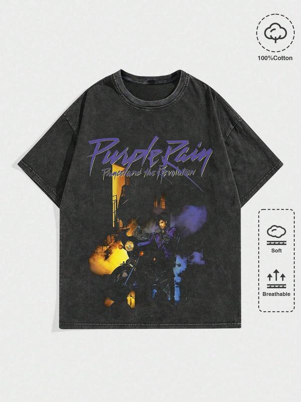 1 Piece Men's Black "Purple Rain" Prince Graphic Tee, Vintage Streetwear Retro Washed Printed Short Sleeve 230g Cotton T-Shirt, Summer Casual, Unisex Menswear Top