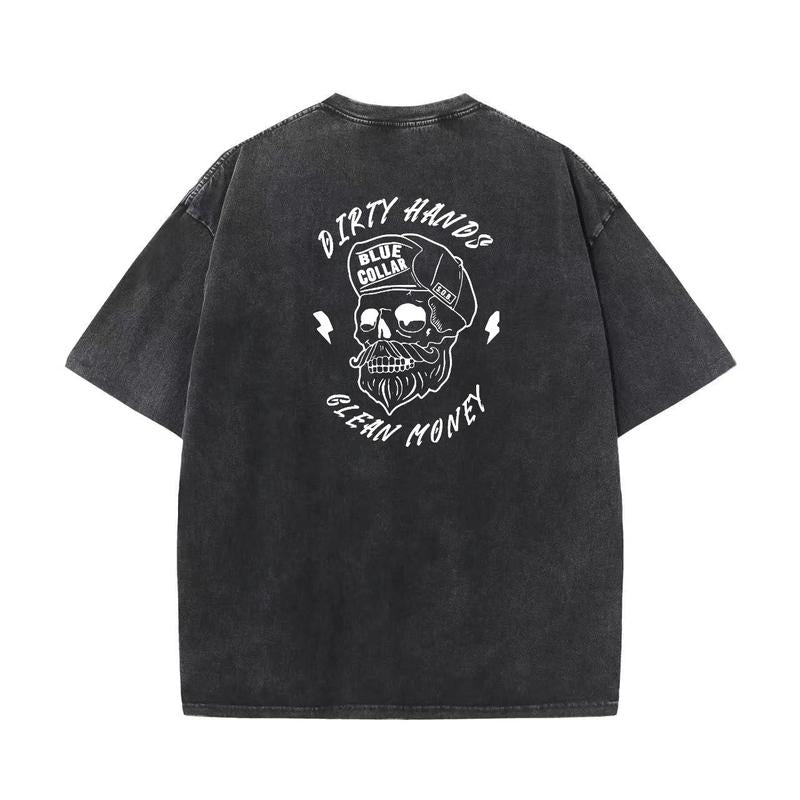 Washed T - shirt with "Dirty Hands Blue Collar Clean Money" Skull Graphic
